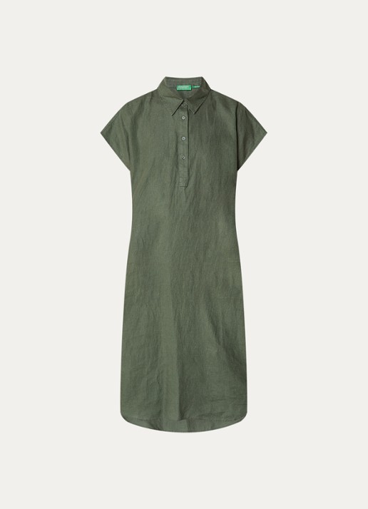 Benetton Midi jurk van linnen met steekzakken - voorkant legergroen