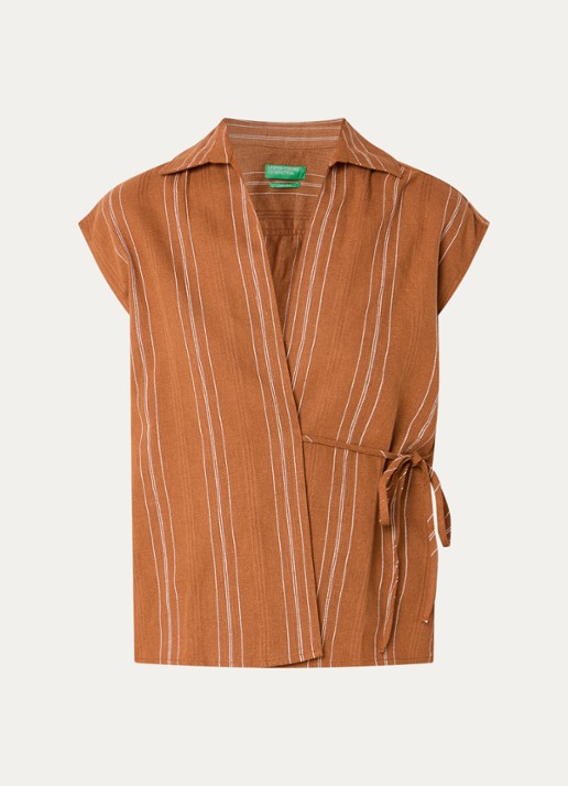 Benetton Mouwloze blouse in linnenblend met streepprint en strikceintuur - voorkant 2 oranjebruin