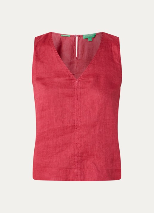 Benetton Mouwloze top in linnenblend met V-hals - voorkant donkerroze