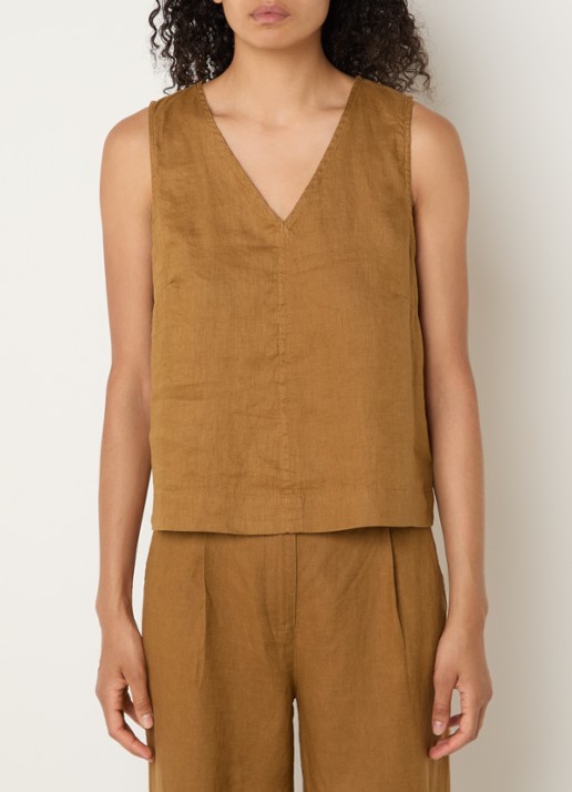 Benetton Mouwloze top in linnenblend met V-hals - detail 3 camel