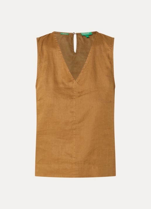 Benetton Mouwloze top in linnenblend met V-hals - voorkant camel