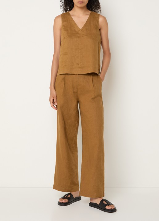 Benetton Mouwloze top in linnenblend met V-hals - voorkant 2 camel