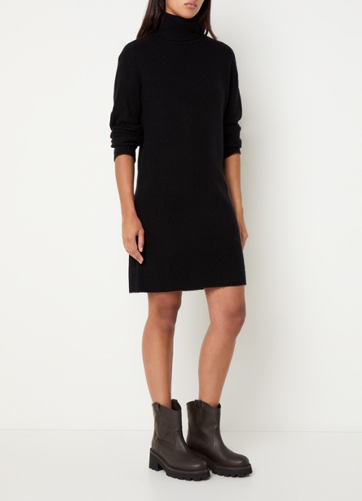 Benetton Ribgebreide mini trui-jurk met col - voorkant 2 zwart
