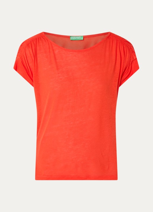 Benetton Semi-transparant T-shirt met ruches - voorkant 2 oranjerood