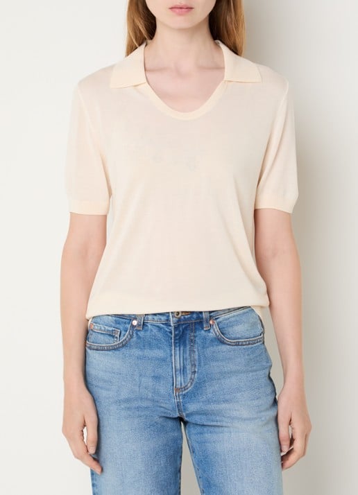 Benetton Semi-transparante polo in zijdeblend met ronde hals - detail 4 creme