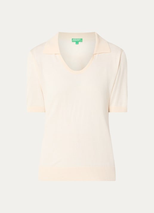 Benetton Semi-transparante polo in zijdeblend met ronde hals - voorkant creme