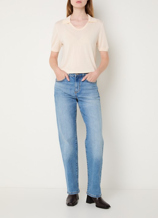 Benetton Semi-transparante polo in zijdeblend met ronde hals - voorkant 2 creme