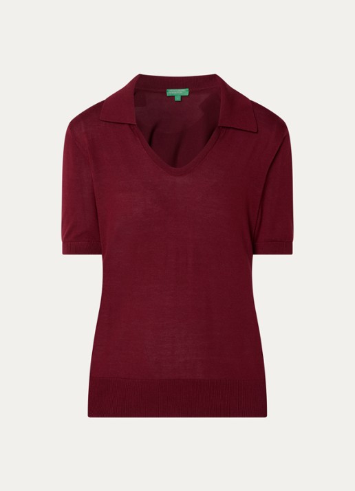 Benetton Semi-transparante polo in zijdeblend met ronde hals - voorkant bordeauxrood