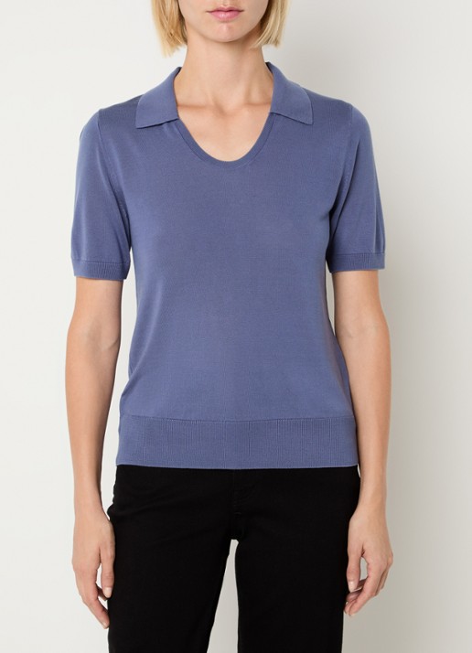 Benetton Semi-transparante polo in zijdeblend met ronde hals - detail blauwgrijs