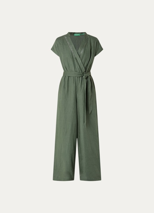 Benetton Straight fit jumpsuit van linnen met strikceintuur - voorkant 2 legergroen