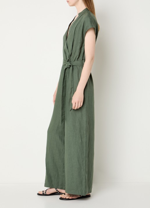 Benetton Straight fit jumpsuit van linnen met strikceintuur - voorkant 3 legergroen