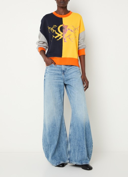 Benetton Sweater met colour blocking en print - voorkant 3 grijs