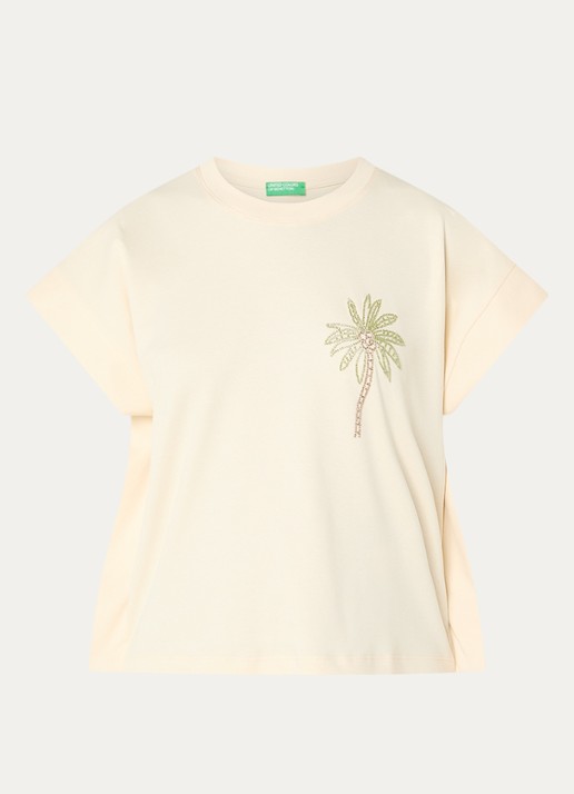 Benetton T-shirt met kralendecoratie - voorkant creme