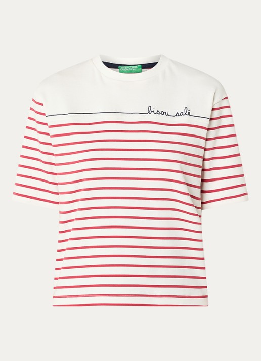 Benetton T-shirt met streepprint en borduring - voorkant 2 steenrood