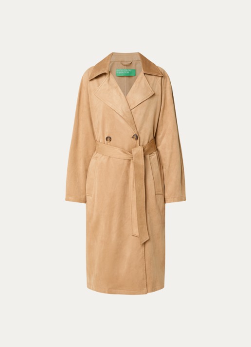 Benetton Trenchcoat van imitatiesuède met strikceintuur - voorkant camel