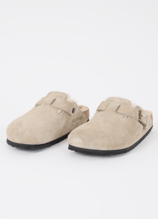 Birkenstock Boston clog van suède met lamswol - detail 2 taupe