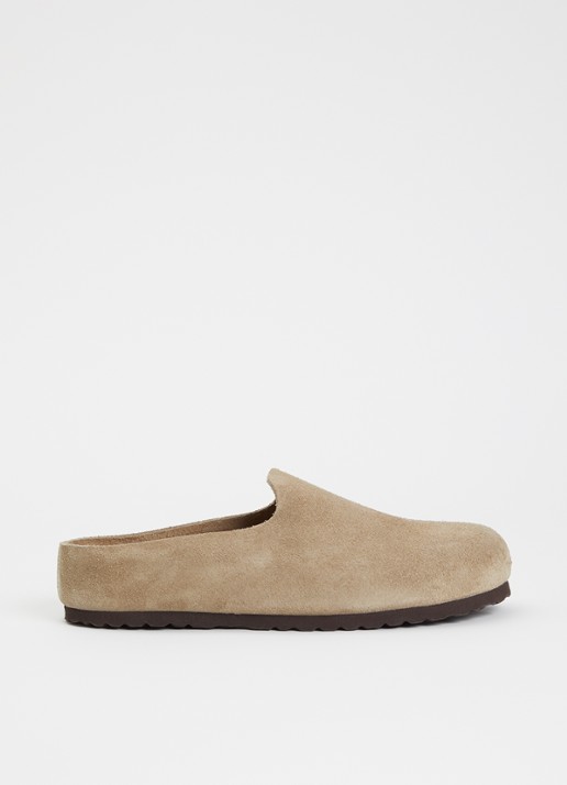 Birkenstock Narrow Fit Amsterdam Wrapped muiltje van suède - voorkant 4 taupe