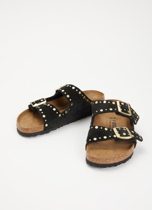 Birkenstock Narrow Fit Arizona slipper van suède met studs - detail 2 zwart