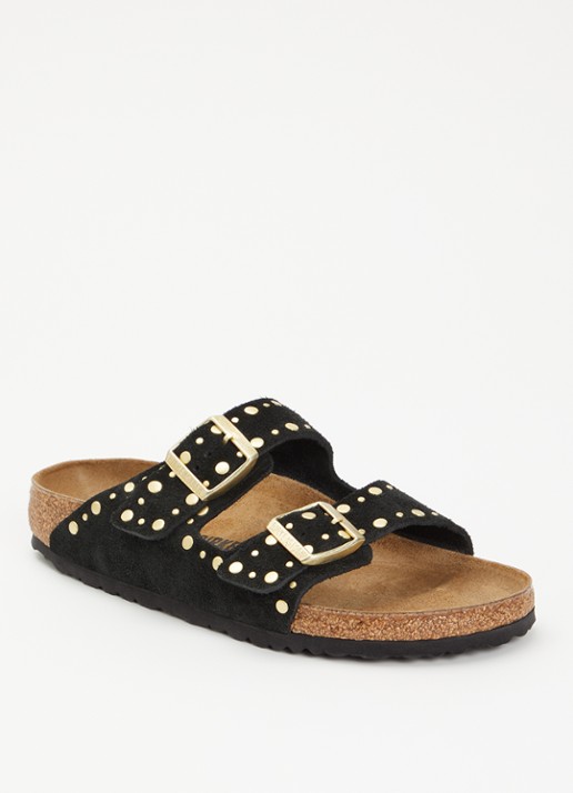 Birkenstock Narrow Fit Arizona slipper van suède met studs - voorkant 5 zwart