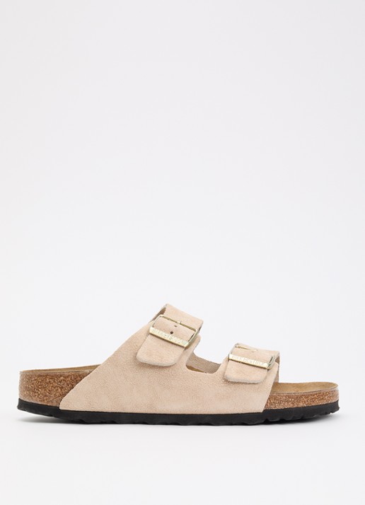 Birkenstock Narrow Fit Arizona slipper van suède - voorkant 2 beige