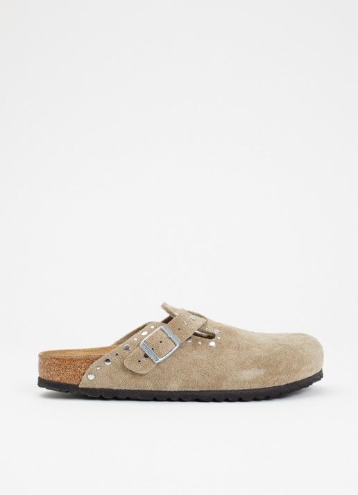 Birkenstock Narrow Fit Boston clog van suède met studs - voorkant 5 taupe