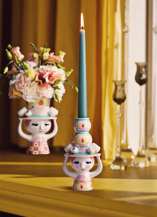 Bjørn Wiinblad Dame met hoed kandelaar 16 cm - voorkant 2 multicolor