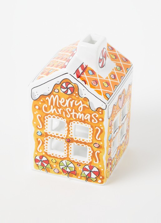 Blond Amsterdam Kerst Gingerbread waxinelichthouder 14 cm - voorkant 2 oranje