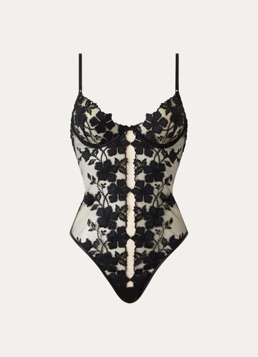Bluebella Alara string body van mesh met bloemborduring - voorkant 3 zwart