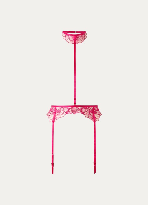 Bluebella Amarosa jarretels van mesh met borduring - voorkant fuchsia