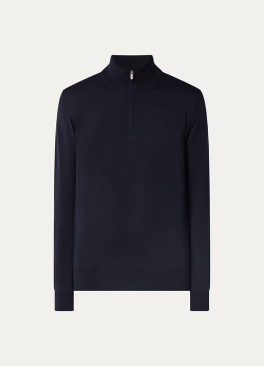 Boggi Milano Fijngebreide pullover met halve rits - voorkant donkerblauw
