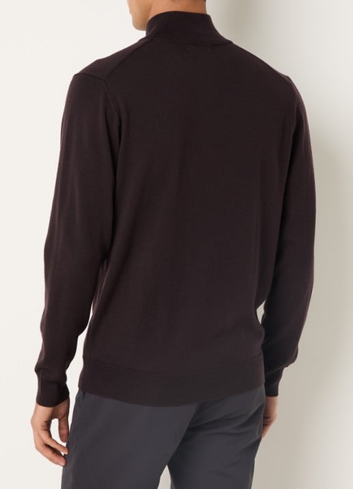 Boggi Milano Fijngebreide pullover van wol met halve rits - achterkant donkerbruin