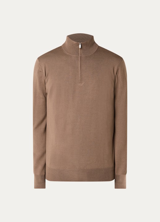 Boggi Milano Fijngebreide pullover van wol met halve rits - voorkant 3 lichtbruin