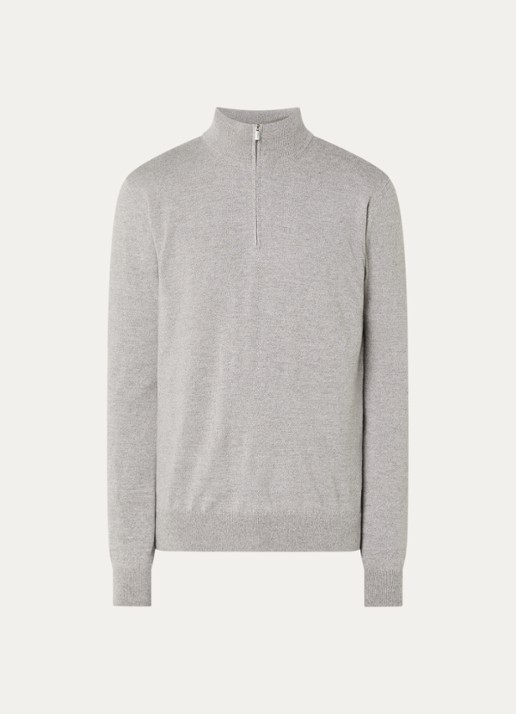 Boggi Milano Fijngebreide pullover van wol met halve rits - voorkant 2 lichtgrijs