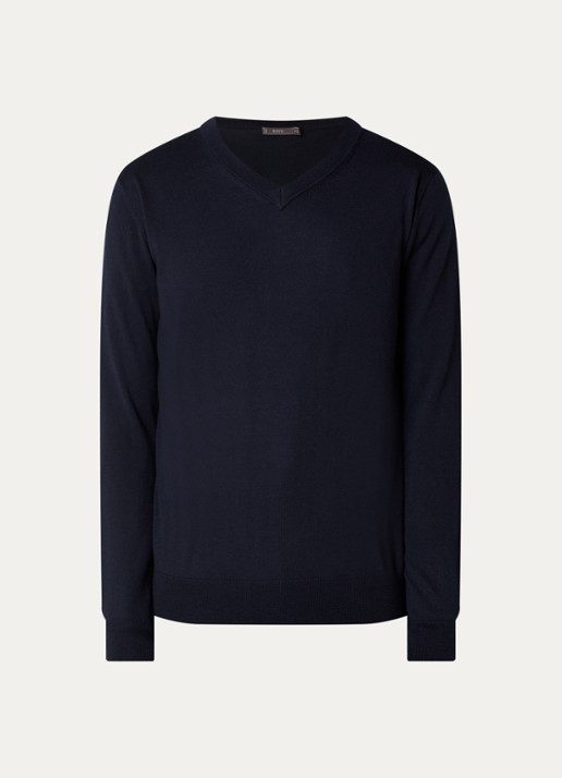 Boggi Milano Fijngebreide pullover van wol - voorkant 3 donkerblauw