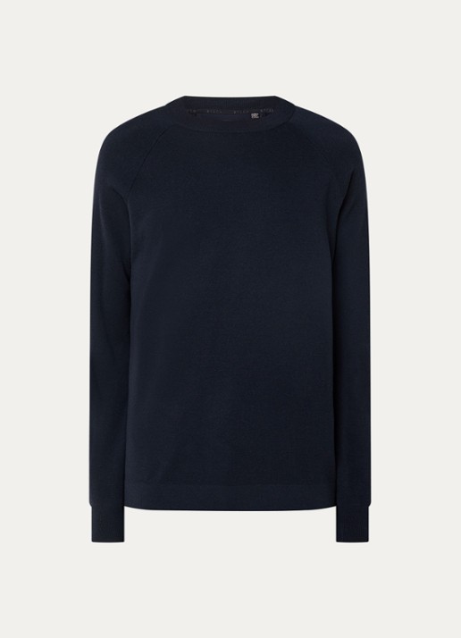 Boggi Milano Fijngebreide trui van wol met ronde hals - voorkant donkerblauw