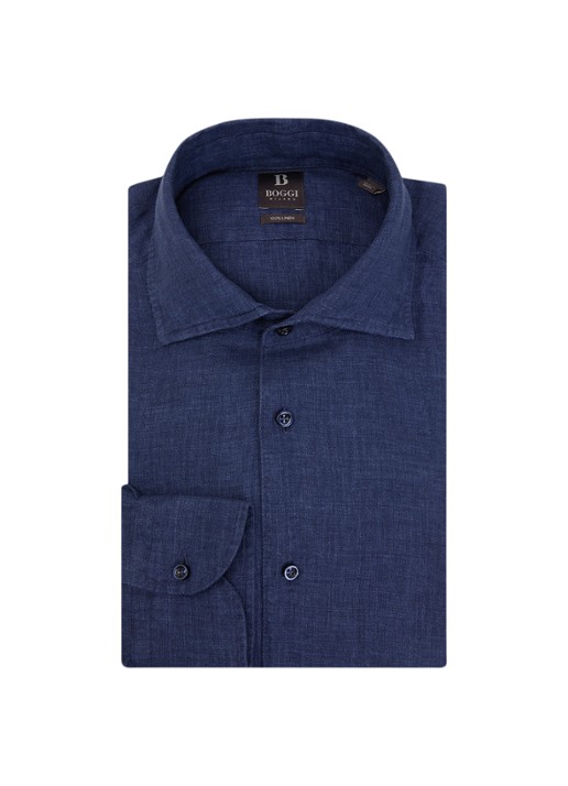 Boggi Milano Regular fit overhemd van linnen - voorkant donkerblauw