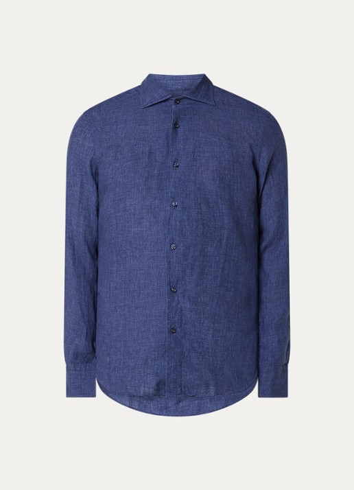 Boggi Milano Regular fit overhemd van linnen - voorkant 2 donkerblauw