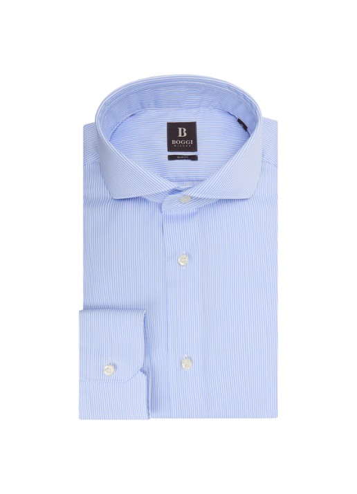 Boggi Milano Slim fit strijkvrij overhemd met streepprint - voorkant 4 lichtblauw