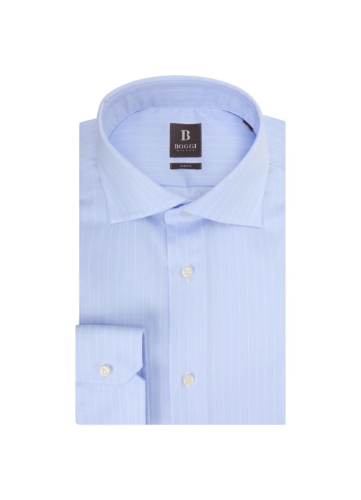 Boggi Milano Slim fit strijkvrij overhemd met streepprint - voorkant lichtblauw