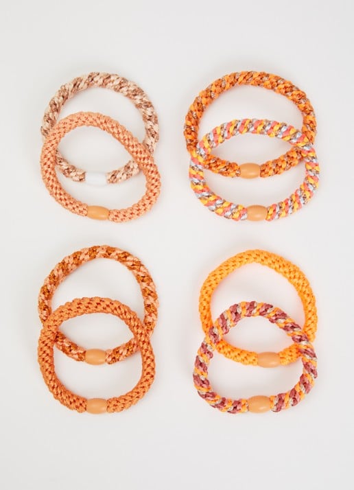 Bon Dep Kknekki gevlochten haarelastiekjes met lurex in 8-pack  - voorkant 2 oranje