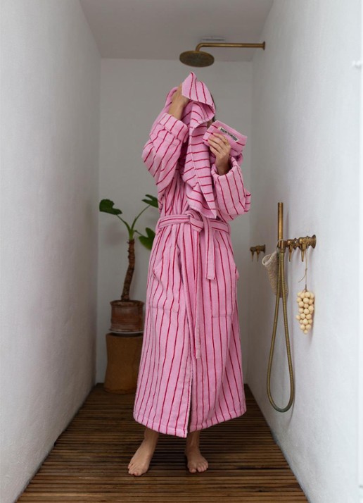 Bongusta Naram badjas met streepprint - unisex - voorkant 3 lichtroze