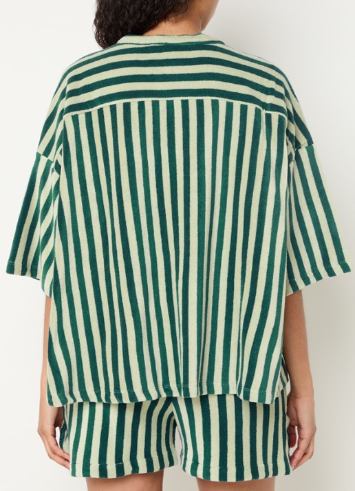 Bongusta Naram oversized blouse van badstof met streepprint - achterkant 3 lindegroen