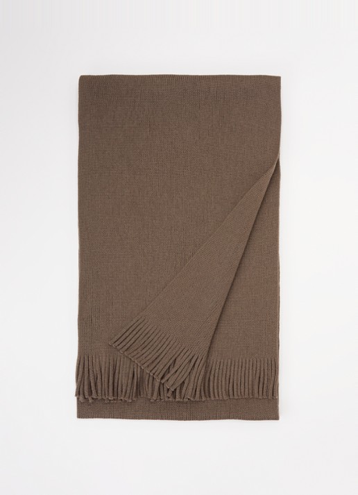 BOSS Albas fijngebreide sjaal van wol 190 x 25 cm - voorkant khaki
