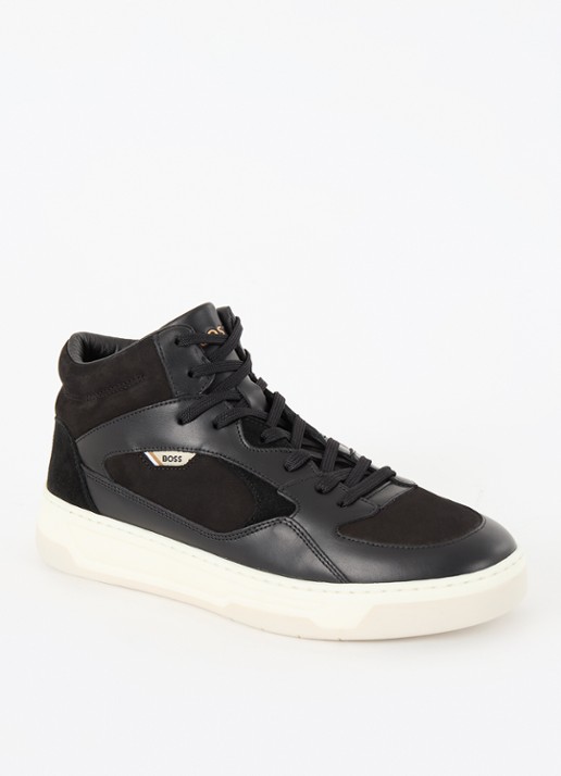 BOSS Baltimore sneaker van suède met leren details - voorkant zwart