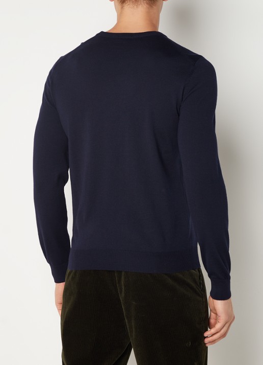 BOSS Baram fijngebreide pullover van scheerwol met V-hals - achterkant blauw