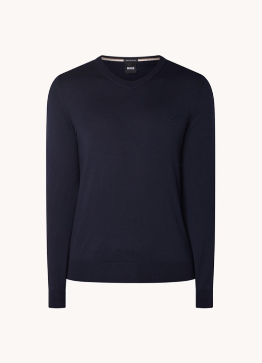 BOSS Baram fijngebreide pullover van scheerwol met V-hals - voorkant 3 blauw