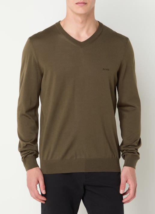 BOSS Baram fijngebreide pullover van scheerwol met V-hals - detail bronsgroen