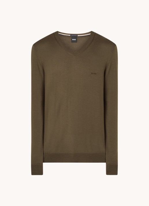 BOSS Baram fijngebreide pullover van scheerwol met V-hals - voorkant 3 bronsgroen