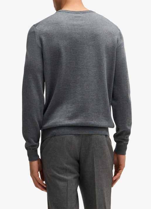 BOSS Baram fijngebreide pullover van scheerwol met V-hals - achterkant middengrijs
