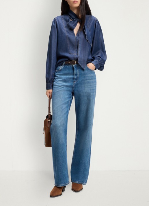 BOSS Blouse met gestrikt detail - voorkant denim